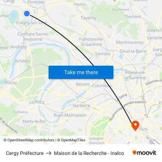 Cergy Préfecture to Maison de la Recherche - Inalco map