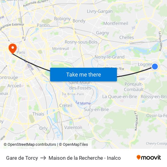 Gare de Torcy to Maison de la Recherche - Inalco map