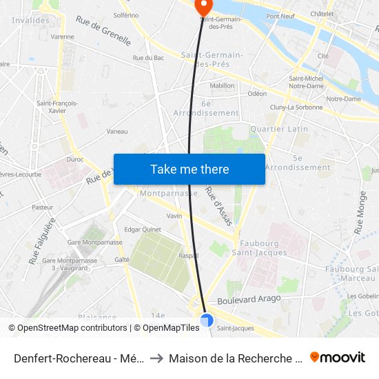 Denfert-Rochereau - Métro-Rer to Maison de la Recherche - Inalco map