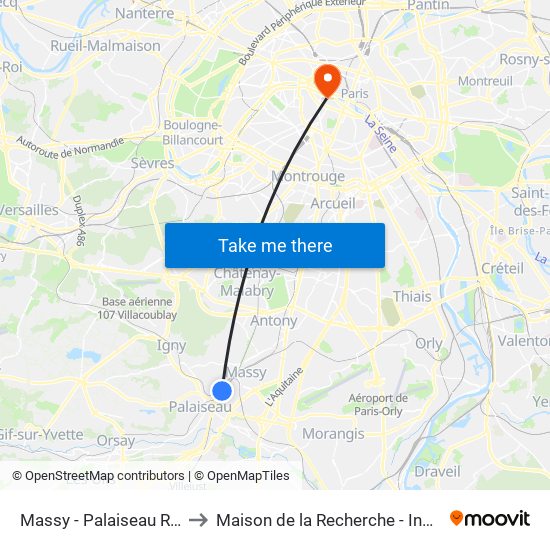 Massy - Palaiseau RER to Maison de la Recherche - Inalco map
