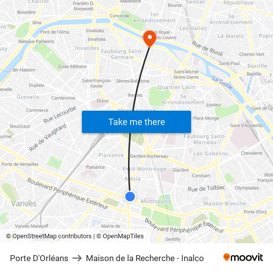 Porte D'Orléans to Maison de la Recherche - Inalco map