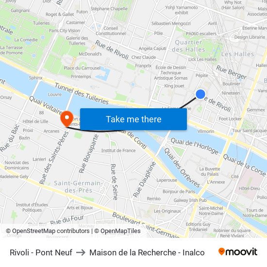 Rivoli - Pont Neuf to Maison de la Recherche - Inalco map