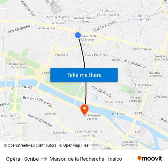 Opéra - Scribe to Maison de la Recherche - Inalco map