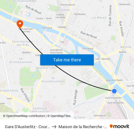 Gare D'Austerlitz - Cour Seine to Maison de la Recherche - Inalco map