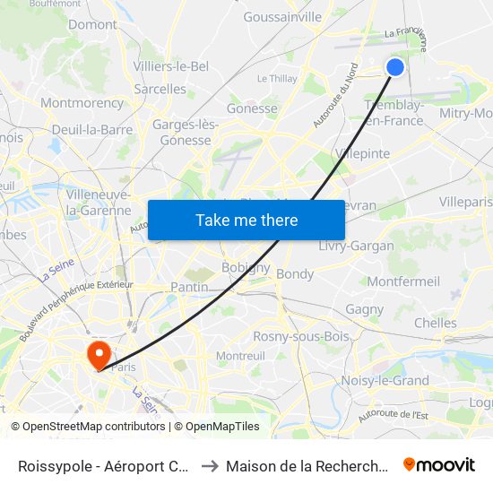 Roissypole - Aéroport Cdg1 (G1) to Maison de la Recherche - Inalco map