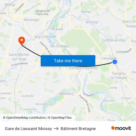 Gare de Lieusaint Moissy to Bâtiment Bretagne map