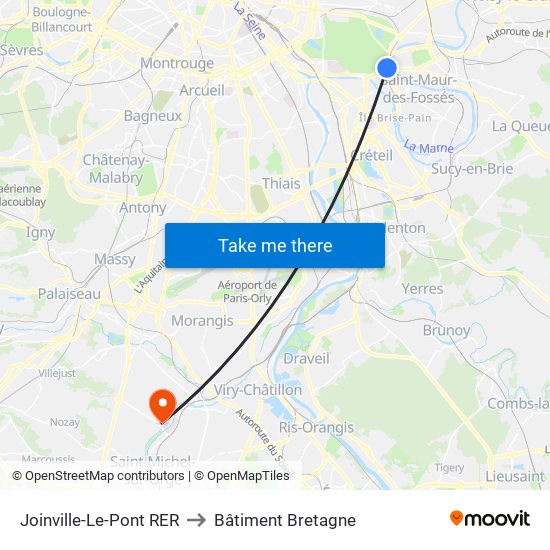 Joinville-Le-Pont RER to Bâtiment Bretagne map