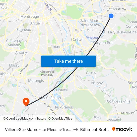 Villiers-Sur-Marne - Le Plessis-Trévise RER to Bâtiment Bretagne map