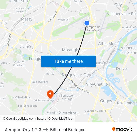 Aéroport Orly 1-2-3 to Bâtiment Bretagne map