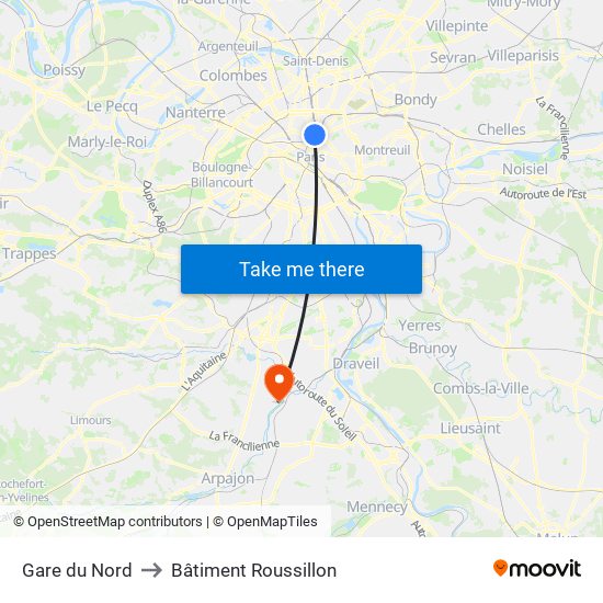 Gare du Nord to Bâtiment Roussillon map