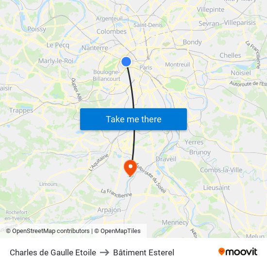 Charles de Gaulle Etoile to Bâtiment Esterel map