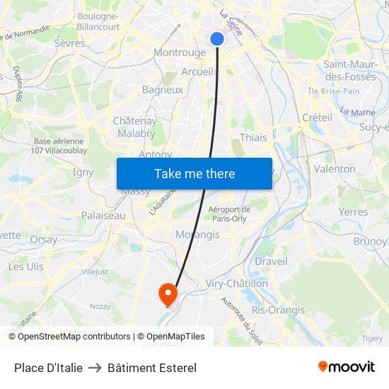 Place D'Italie to Bâtiment Esterel map