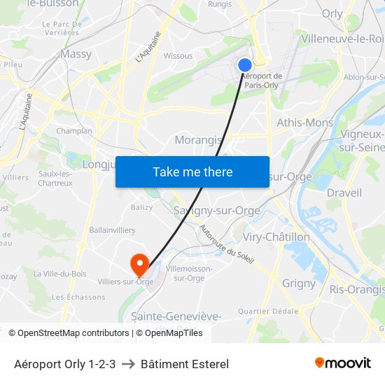 Aéroport Orly 1-2-3 to Bâtiment Esterel map