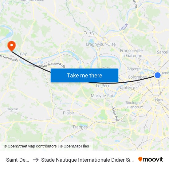 Saint-Denis to Stade Nautique Internationale Didier Simond map