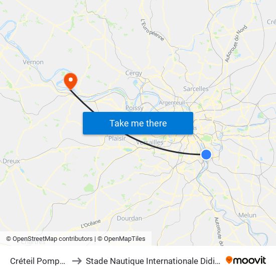 Créteil Pompadour to Stade Nautique Internationale Didier Simond map