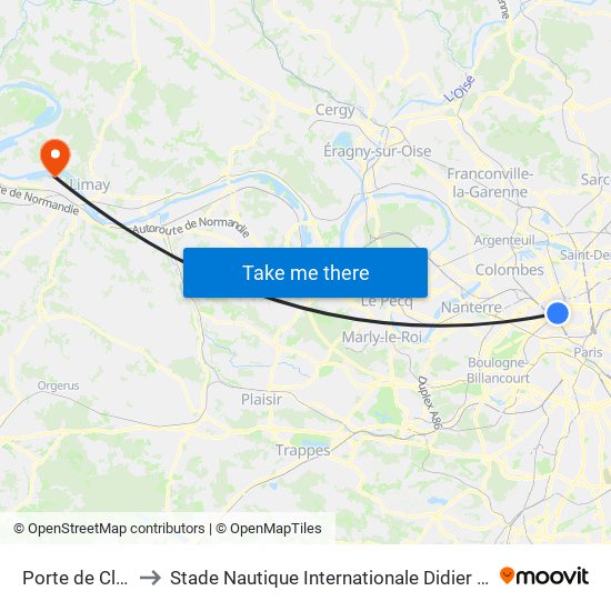 Porte de Clichy to Stade Nautique Internationale Didier Simond map