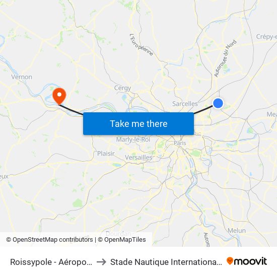 Roissypole - Aéroport Cdg1 (D1) to Stade Nautique Internationale Didier Simond map