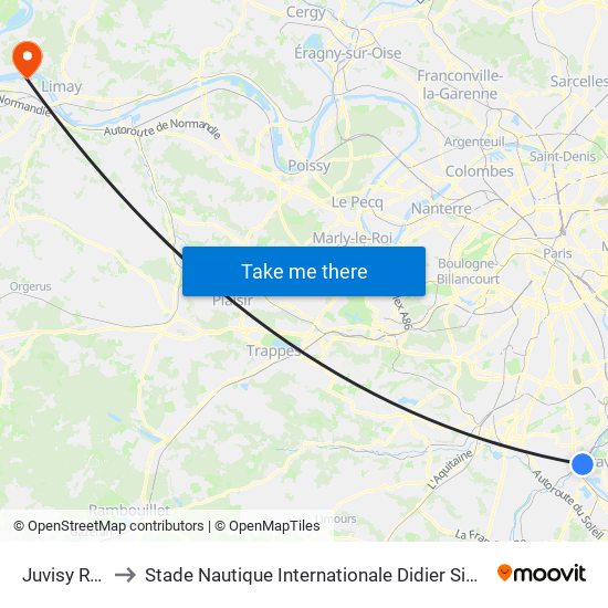 Juvisy RER to Stade Nautique Internationale Didier Simond map