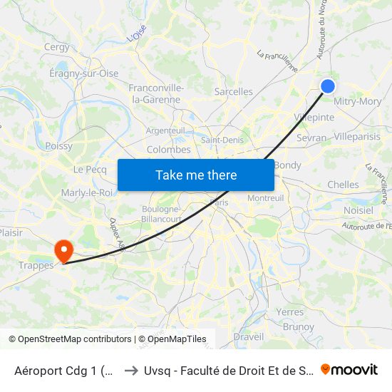 Aéroport Cdg 1 (Terminal 3) to Uvsq - Faculté de Droit Et de Science Politique map