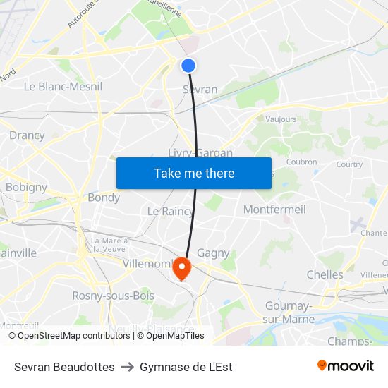 Sevran Beaudottes to Gymnase de L'Est map