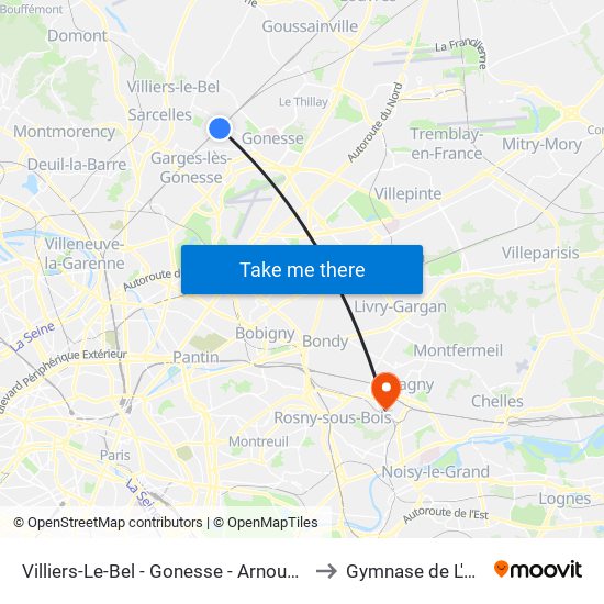 Villiers-Le-Bel - Gonesse - Arnouville to Gymnase de L'Est map