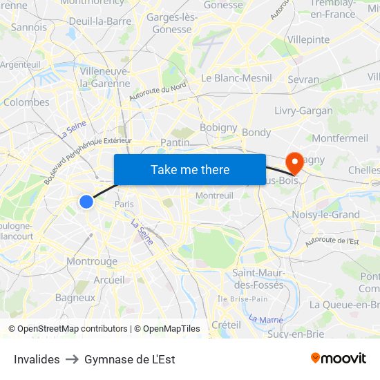 Invalides to Gymnase de L'Est map