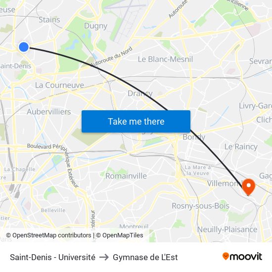 Saint-Denis - Université to Gymnase de L'Est map