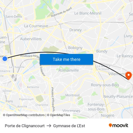 Porte de Clignancourt to Gymnase de L'Est map