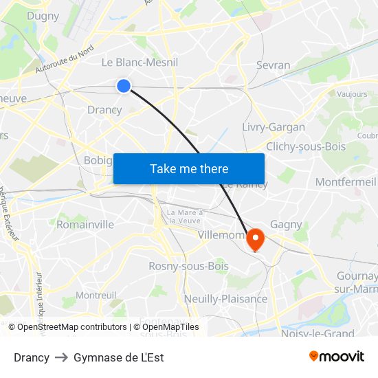 Drancy to Gymnase de L'Est map