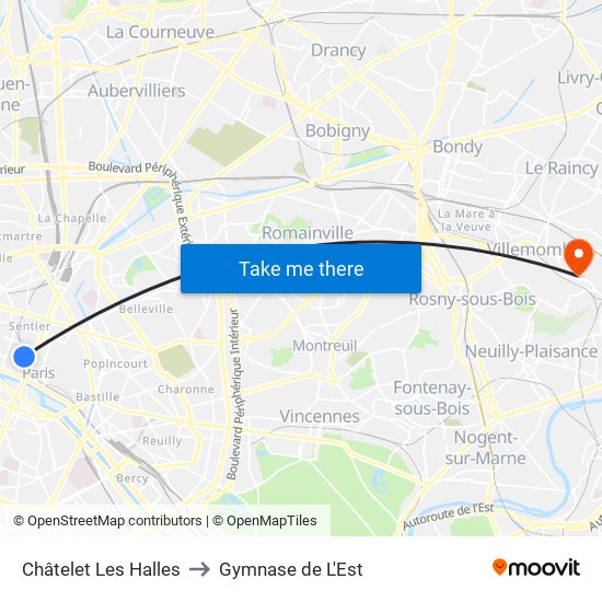 Châtelet Les Halles to Gymnase de L'Est map