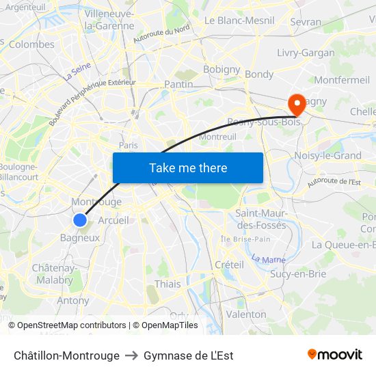 Châtillon-Montrouge to Gymnase de L'Est map