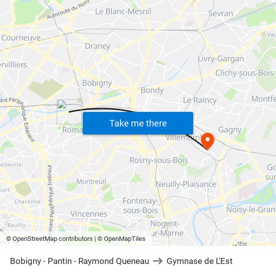 Bobigny - Pantin - Raymond Queneau to Gymnase de L'Est map