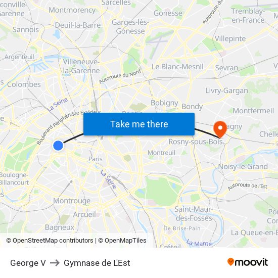 George V to Gymnase de L'Est map