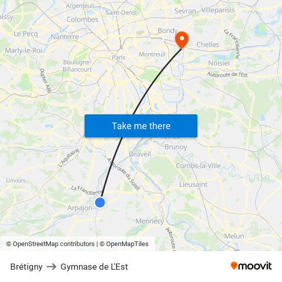Brétigny to Gymnase de L'Est map