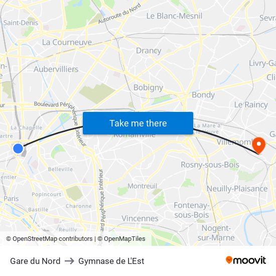 Gare du Nord to Gymnase de L'Est map