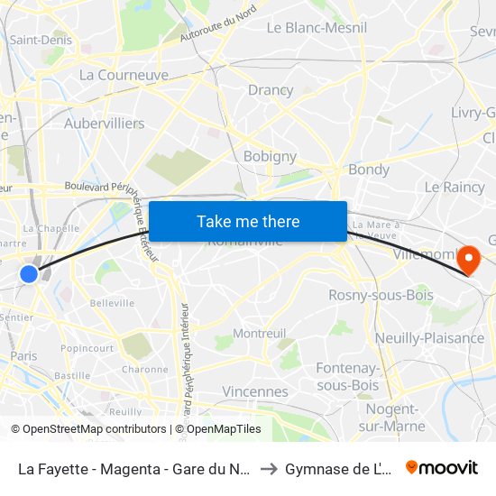 La Fayette - Magenta - Gare du Nord to Gymnase de L'Est map