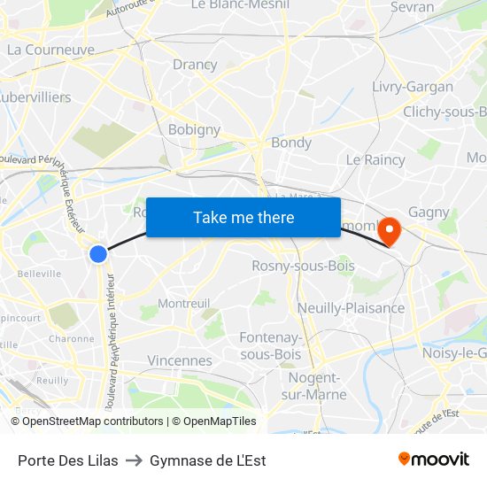 Porte Des Lilas to Gymnase de L'Est map