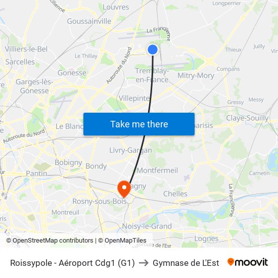 Roissypole - Aéroport Cdg1 (G1) to Gymnase de L'Est map