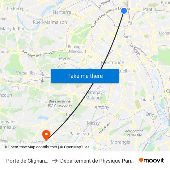 Porte de Clignancourt to Département de Physique Paris-Saclay map