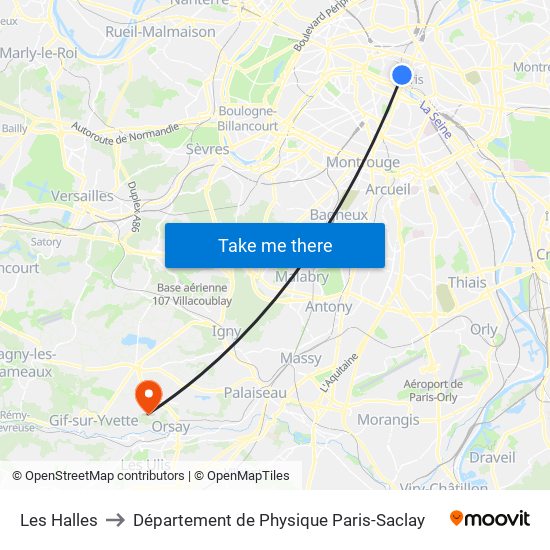 Les Halles to Département de Physique Paris-Saclay map