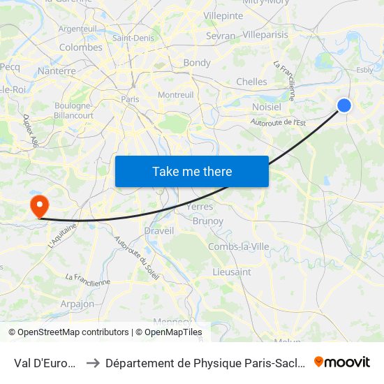 Val D'Europe to Département de Physique Paris-Saclay map