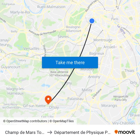 Champ de Mars Tour Eiffel to Département de Physique Paris-Saclay map