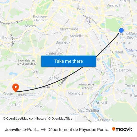 Joinville-Le-Pont RER to Département de Physique Paris-Saclay map