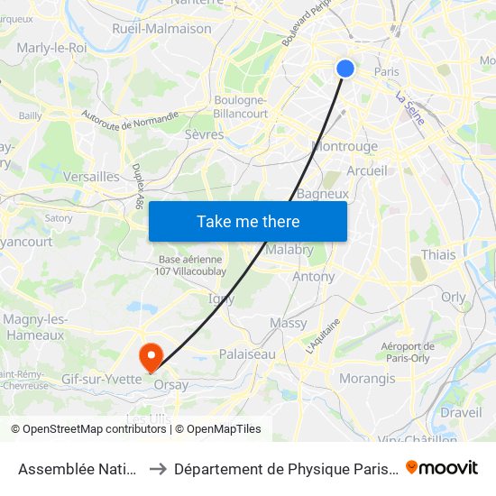 Assemblée Nationale to Département de Physique Paris-Saclay map