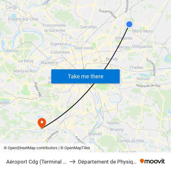 Aéroport Cdg (Terminal 3 – Roissypôle) to Département de Physique Paris-Saclay map