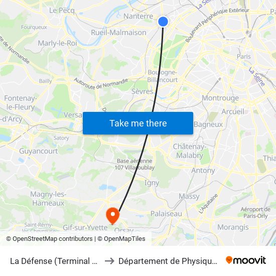 La Défense (Terminal Jules Verne) to Département de Physique Paris-Saclay map