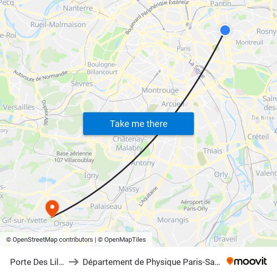 Porte Des Lilas to Département de Physique Paris-Saclay map