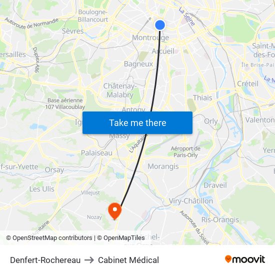 Denfert-Rochereau to Cabinet Médical map