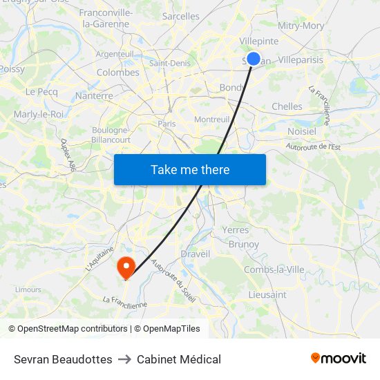 Sevran Beaudottes to Cabinet Médical map