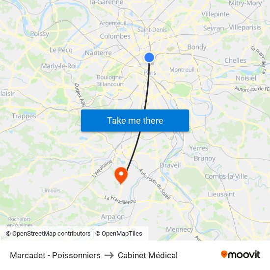 Marcadet - Poissonniers to Cabinet Médical map